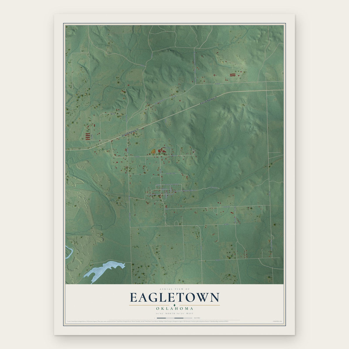Eagletown, Oklahoma map print, the full design