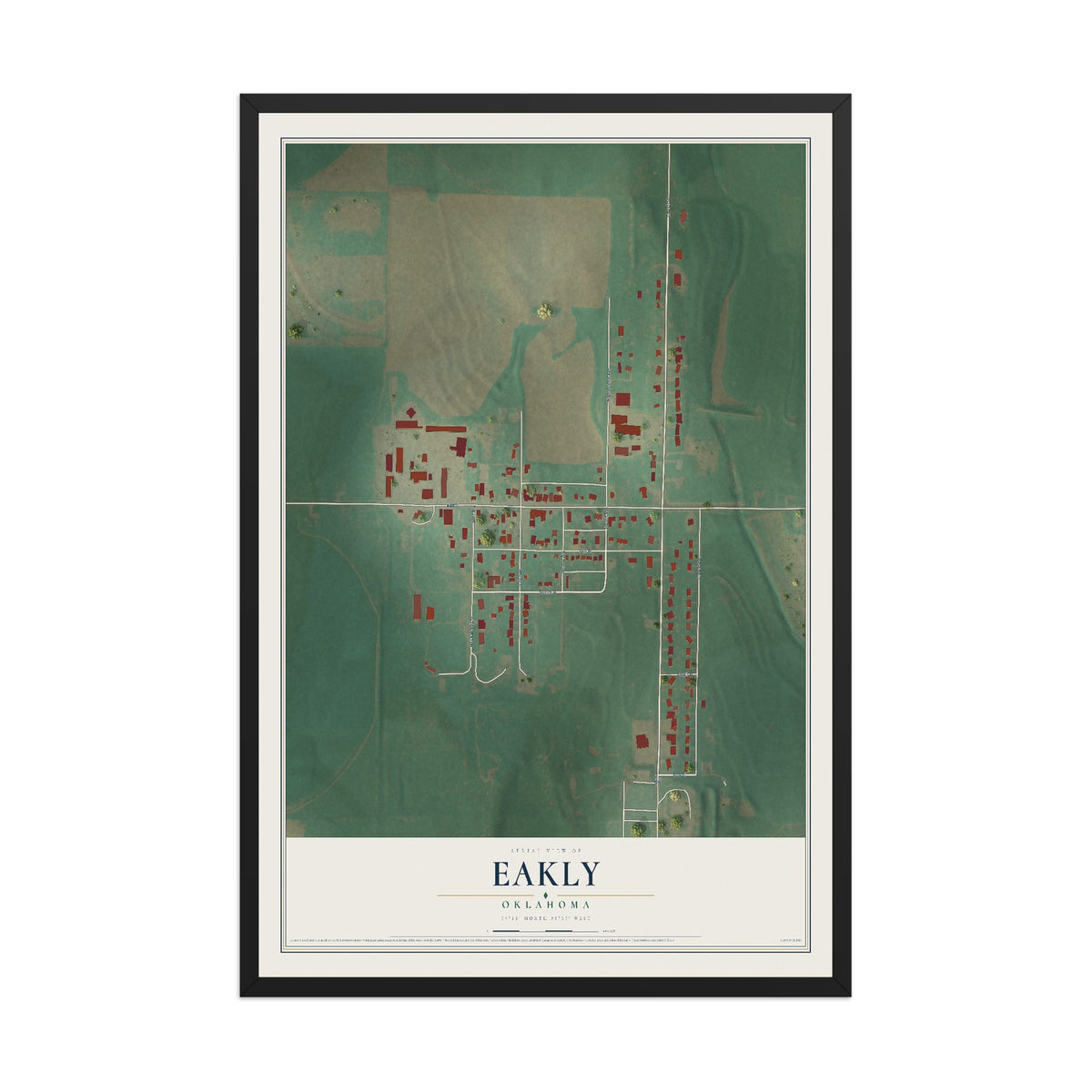 Map of Eakly, Oklahoma, 12 x 18 inch print in a black wood frame