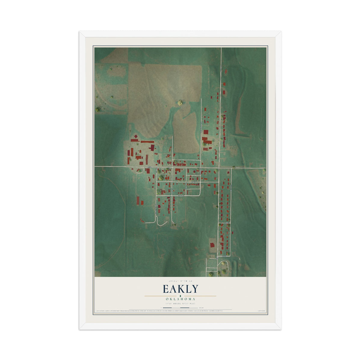 Map of Eakly, Oklahoma, 12 x 18 inch print in a white wood frame