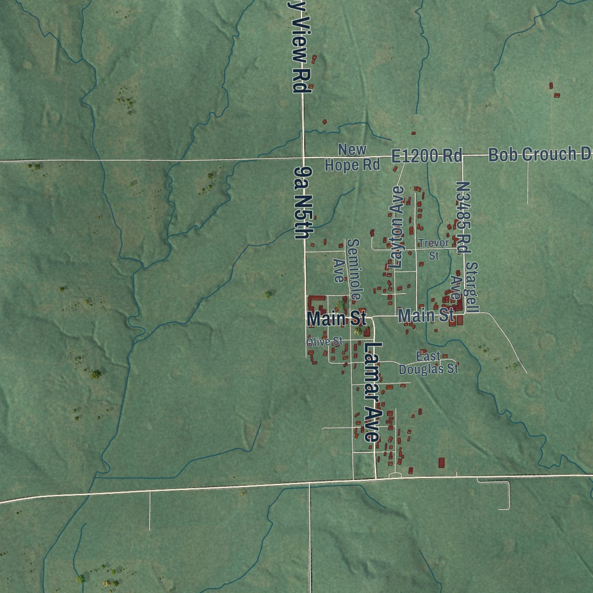 Close-up of the map of Earlsboro, Oklahoma print showing street and building detail