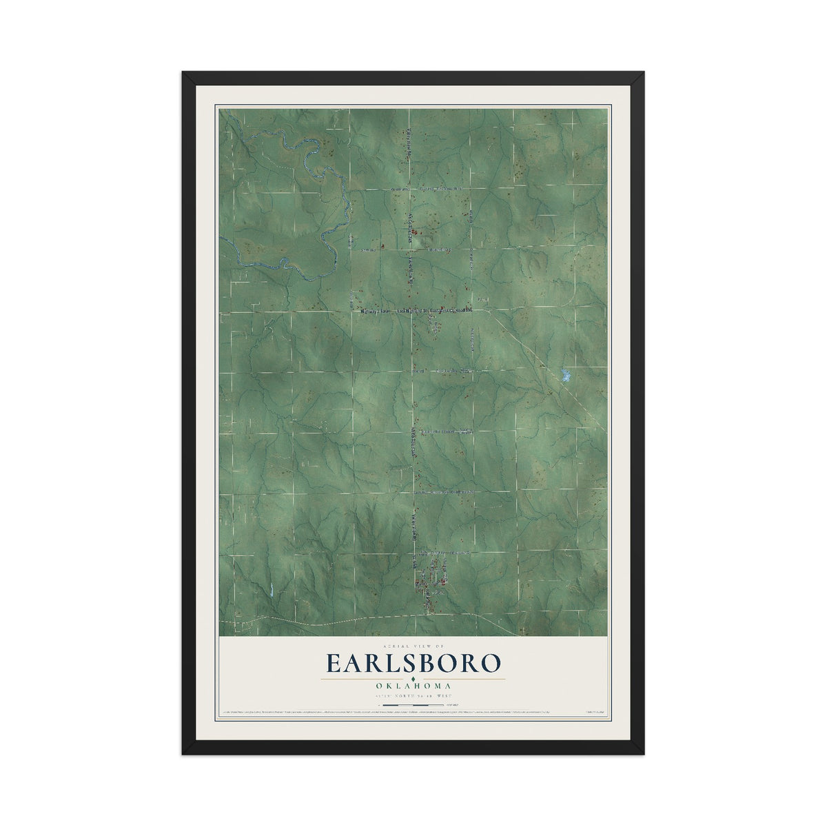 Map of Earlsboro, Oklahoma, 12 x 18 inch print in a black wood frame