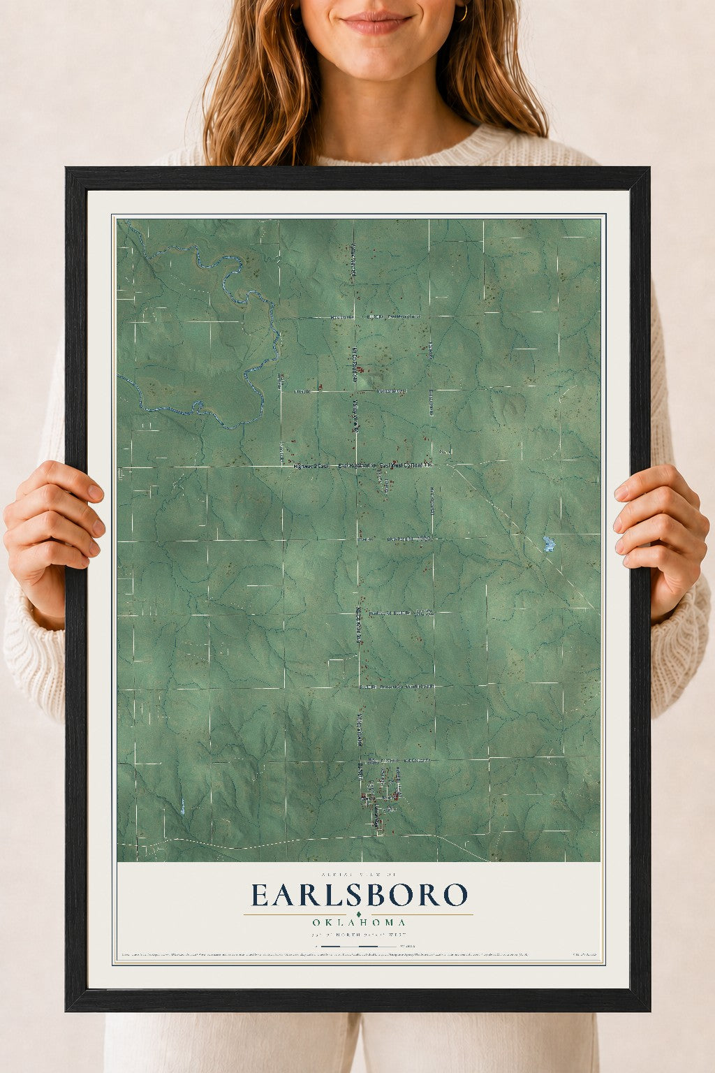 Map of Earlsboro, Oklahoma, 18 x 24 inch print in a black wood frame
