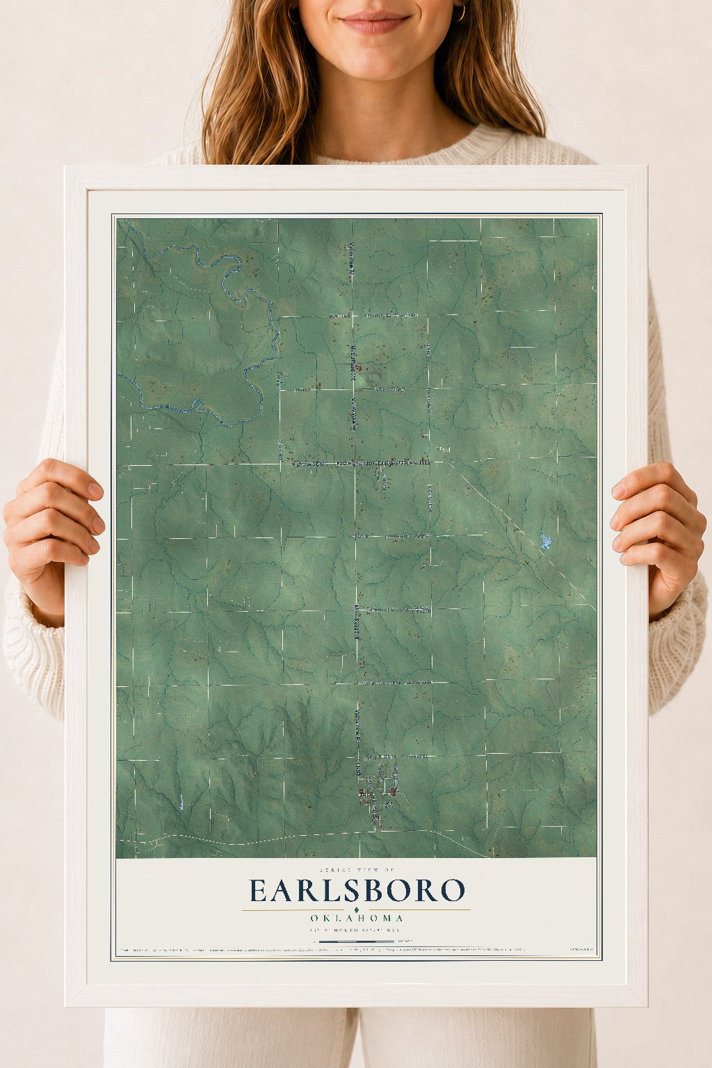 Map of Earlsboro, Oklahoma, 18 x 24 inch print in a white wood frame