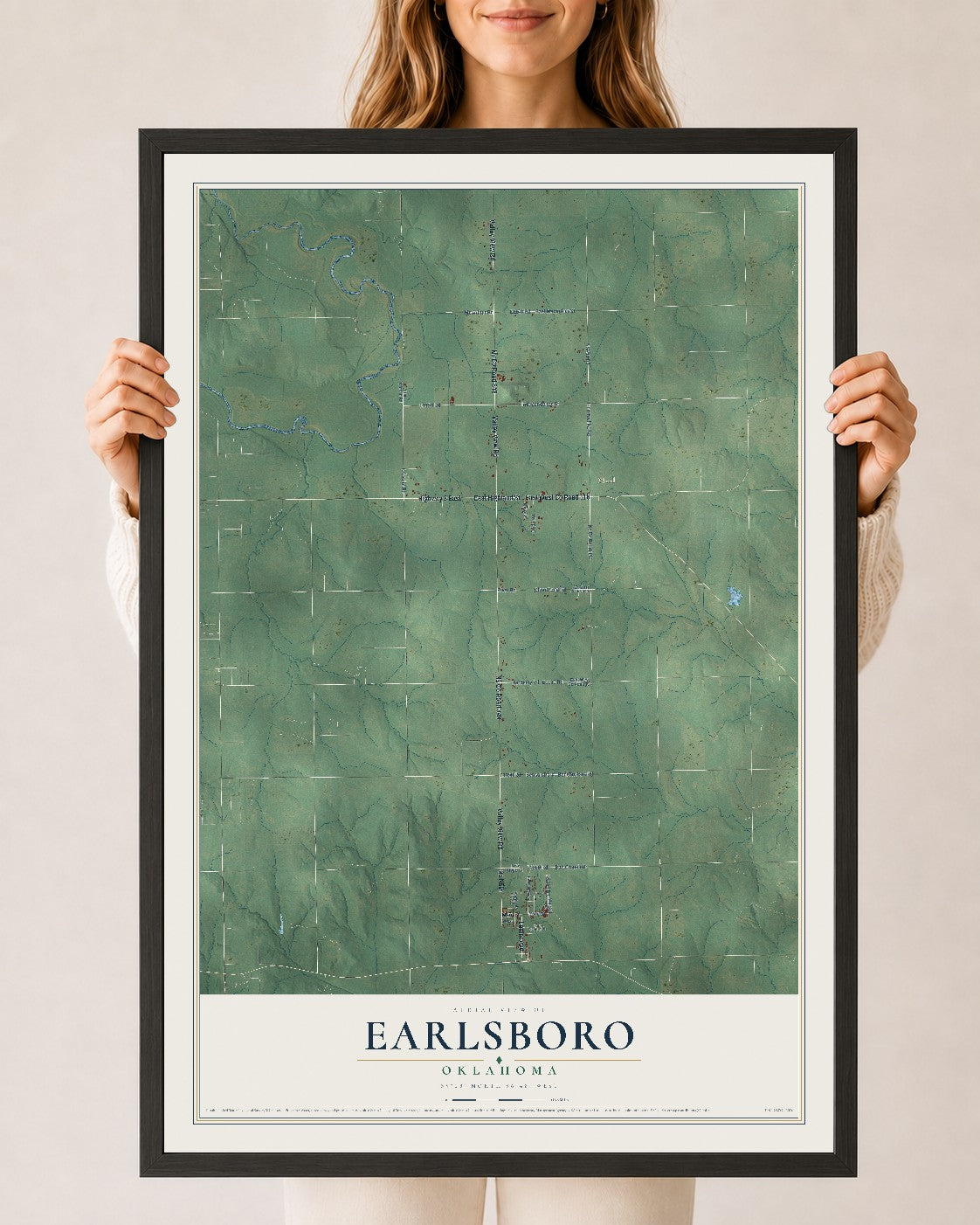 Map of Earlsboro, Oklahoma, 24 x 36 inch print in a black wood frame