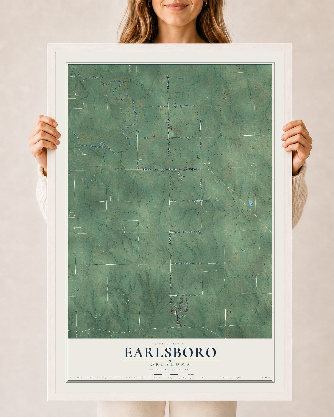 Map of Earlsboro, Oklahoma, 24 x 36 inch print in a white wood frame