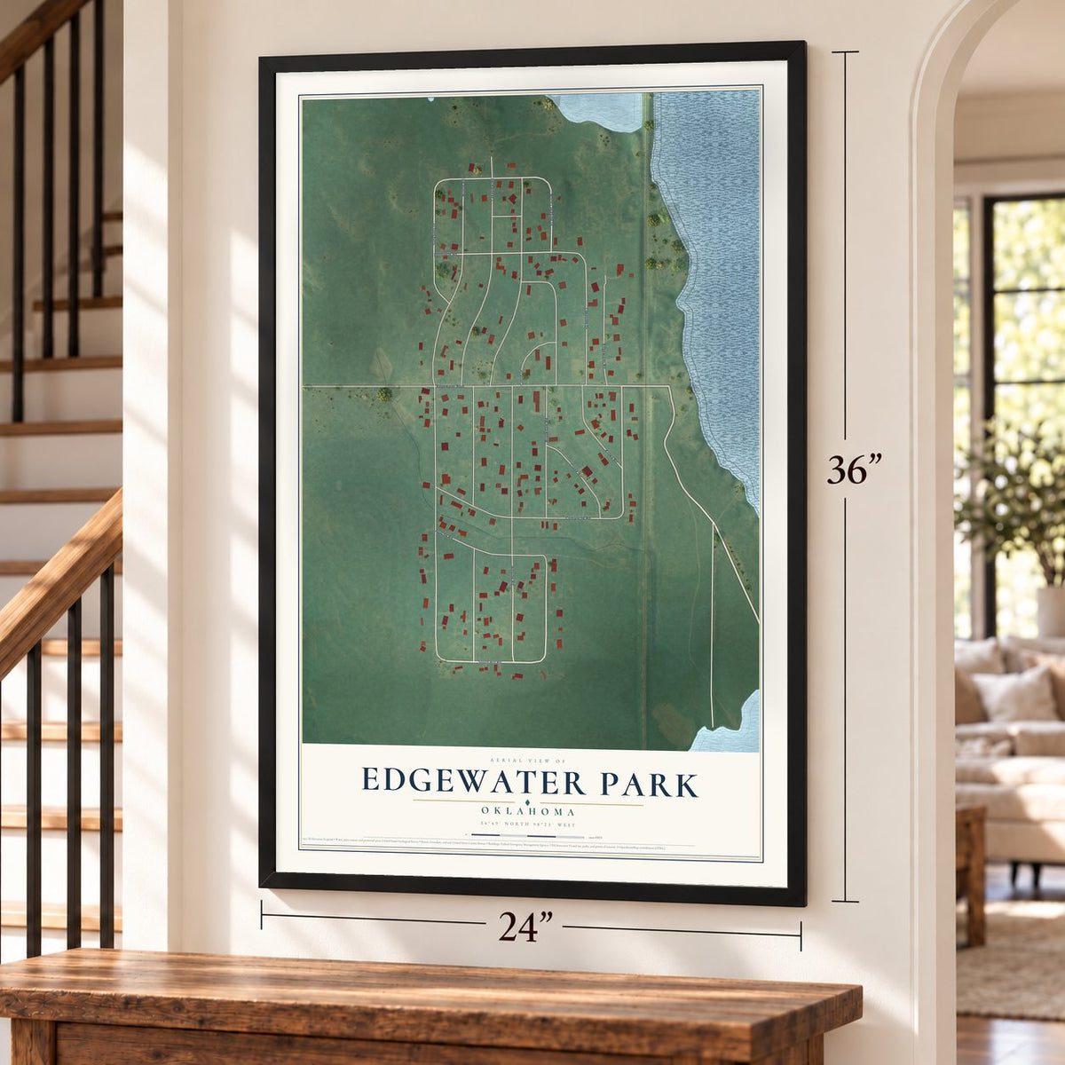 Edgewater Park, Oklahoma map, 24 x 36 inch print in a black frame by a staircase