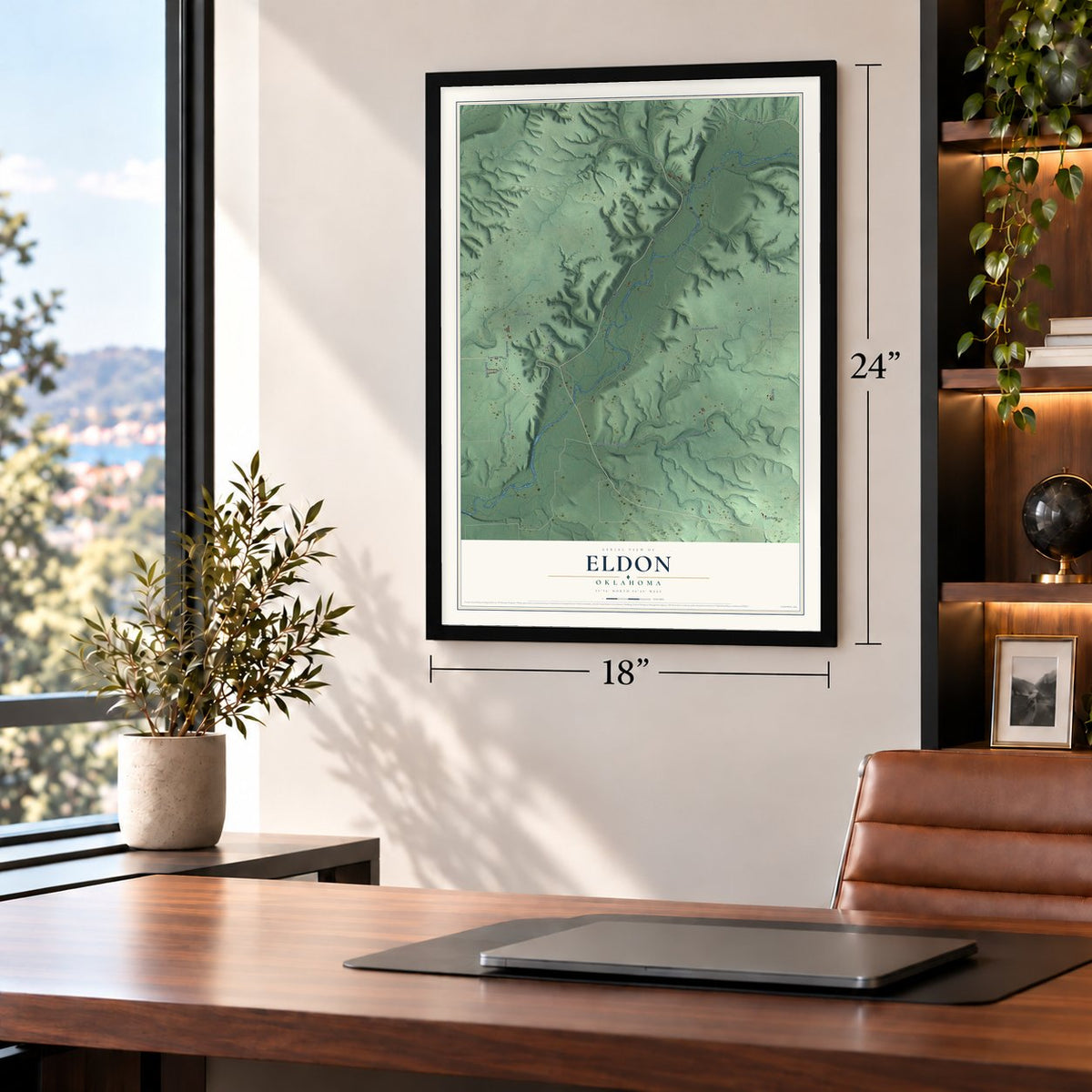 Eldon, Oklahoma map, 18 x 24 inch print in a black frame in a home office