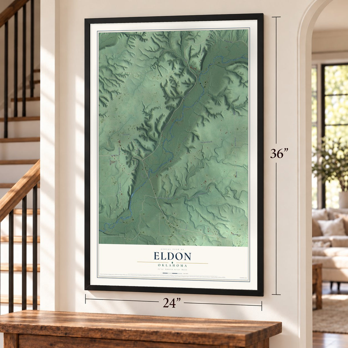 Eldon, Oklahoma map, 24 x 36 inch print in a black frame by a staircase