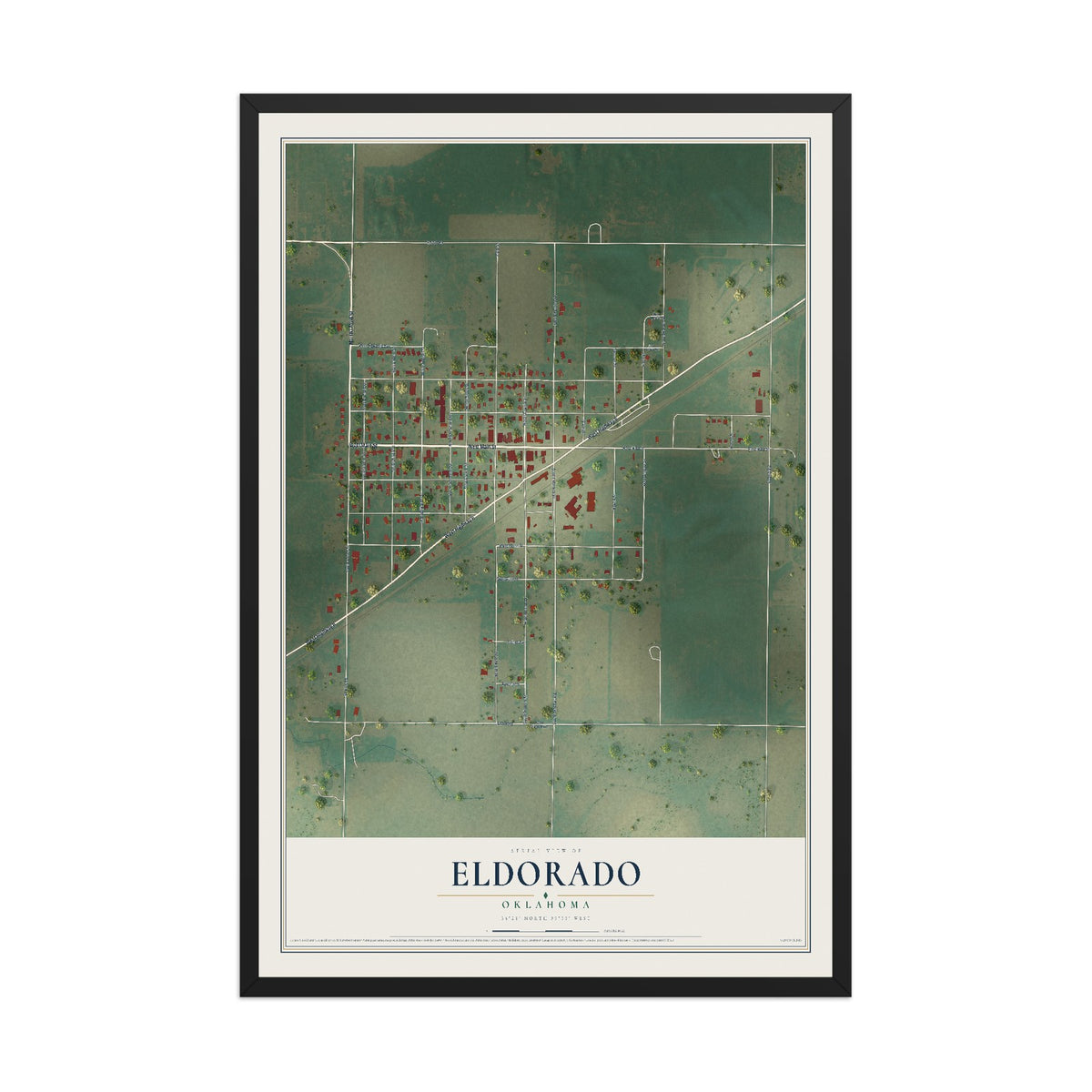 Map of Eldorado, Oklahoma, 12 x 18 inch print in a black wood frame