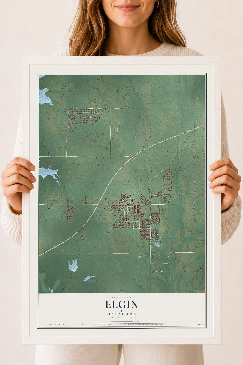 Map of Elgin, Oklahoma, 18 x 24 inch print in a white wood frame