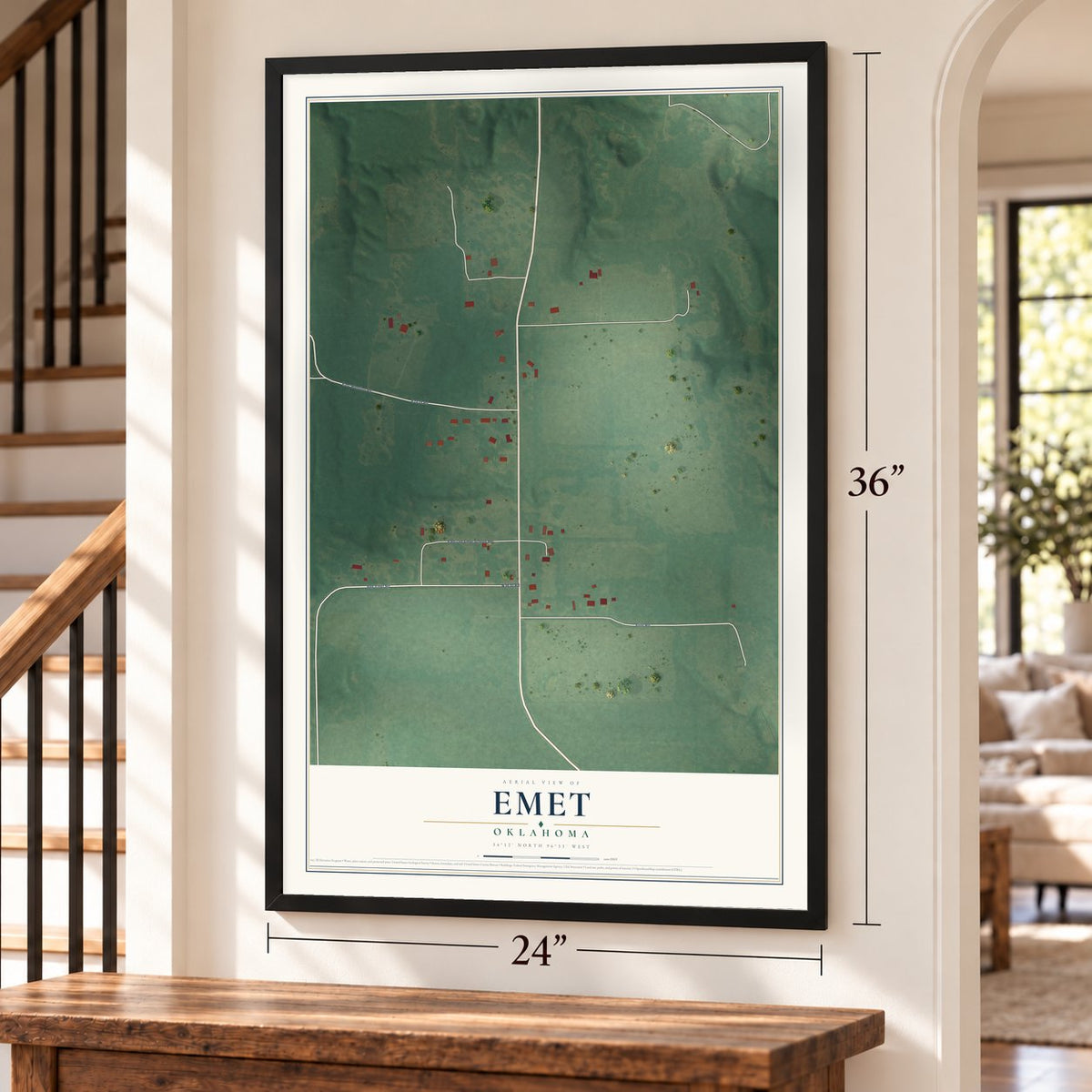 Emet, Oklahoma map, 24 x 36 inch print in a black frame by a staircase