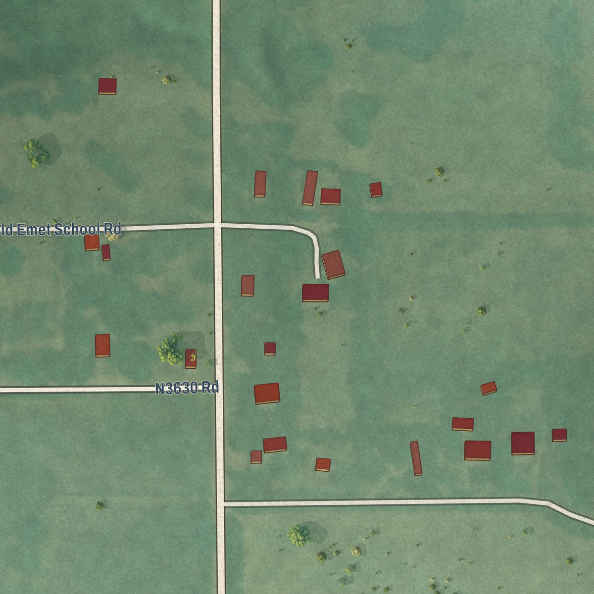 Close-up of the map of Emet, Oklahoma print showing street and building detail