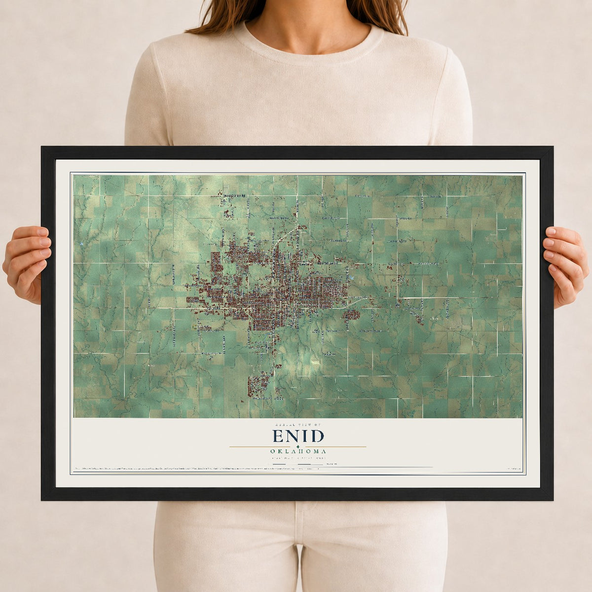 Map of Enid, Oklahoma, 12 x 18 inch print in a black wood frame