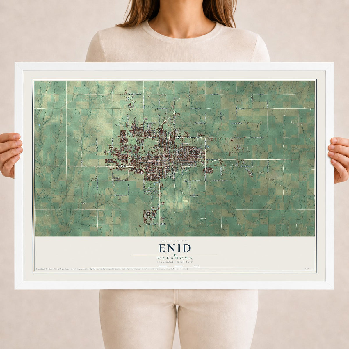 Map of Enid, Oklahoma, 18 x 24 inch print in a white wood frame