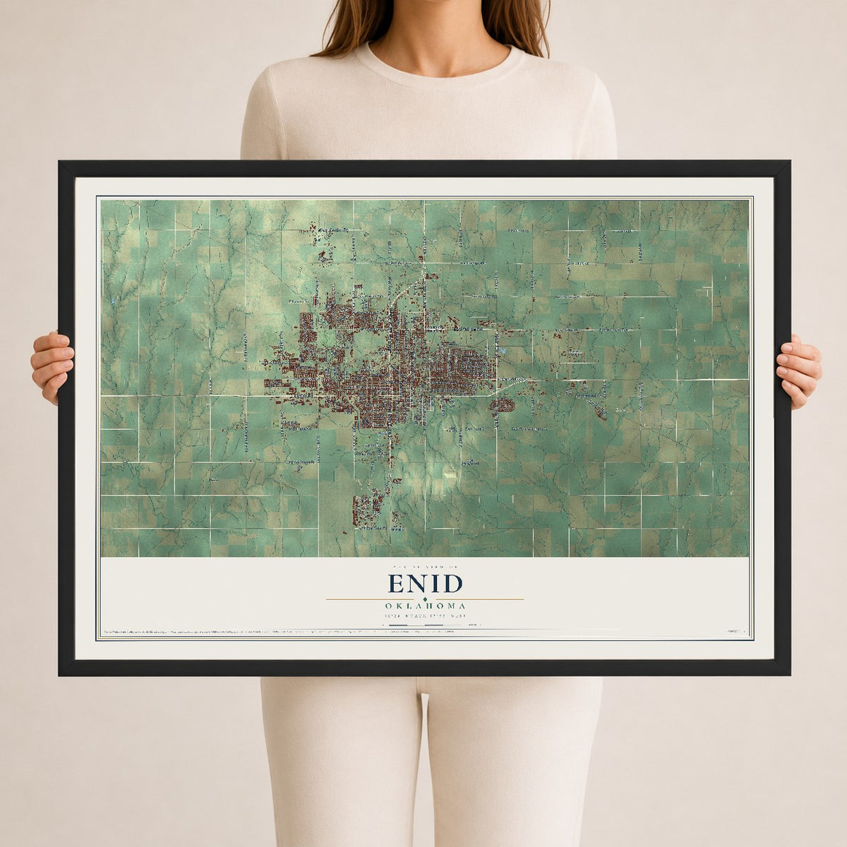 Map of Enid, Oklahoma, 24 x 36 inch print in a black wood frame