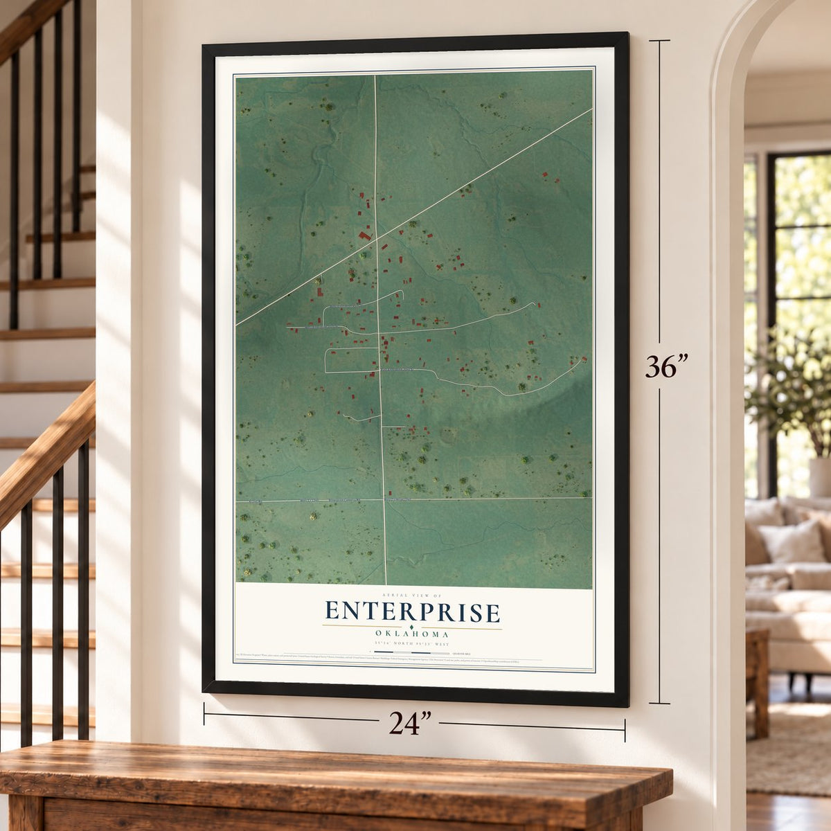 Enterprise, Oklahoma map, 24 x 36 inch print in a black frame by a staircase