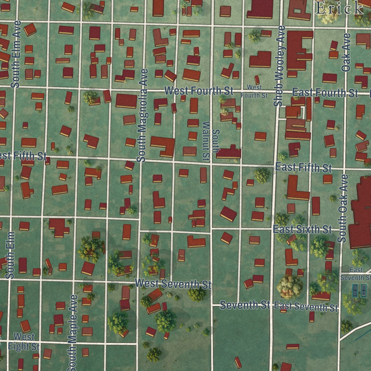 Close-up of the map of Erick, Oklahoma print showing street and building detail