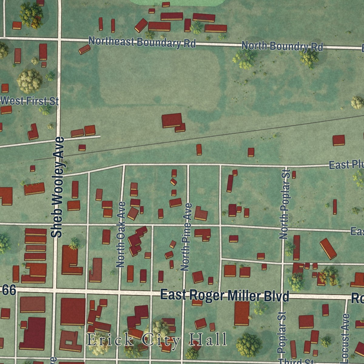 Second close-up of the map of Erick, Oklahoma print showing more streets and buildings