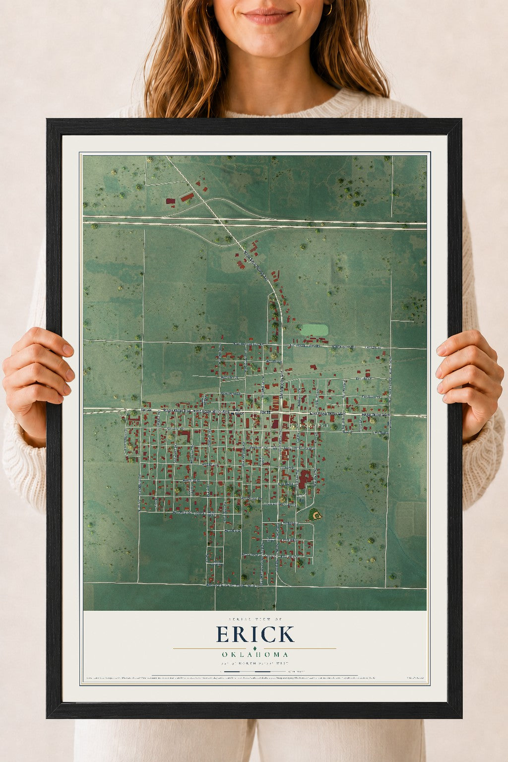 Map of Erick, Oklahoma, 18 x 24 inch print in a black wood frame