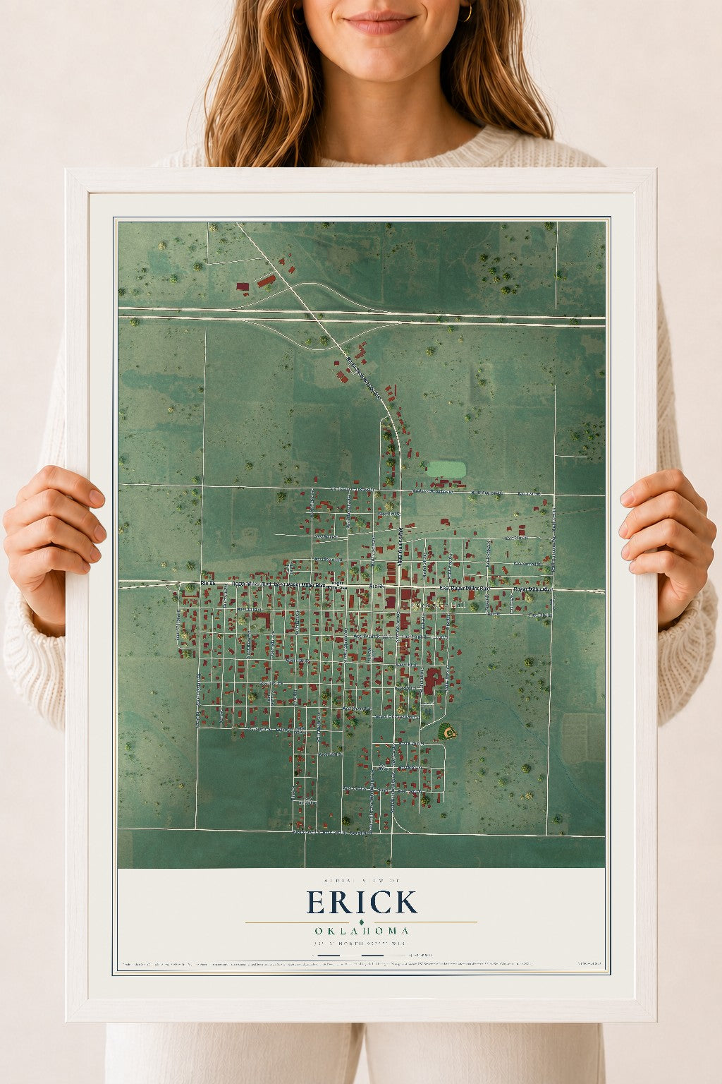 Map of Erick, Oklahoma, 18 x 24 inch print in a white wood frame