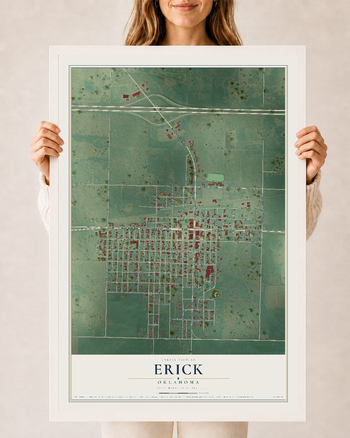 Map of Erick, Oklahoma, 24 x 36 inch print in a white wood frame