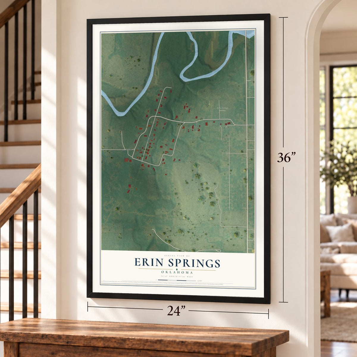 Erin Springs, Oklahoma map, 24 x 36 inch print in a black frame by a staircase