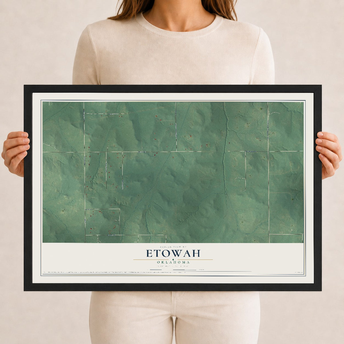 Map of Etowah, Oklahoma, 12 x 18 inch print in a black wood frame
