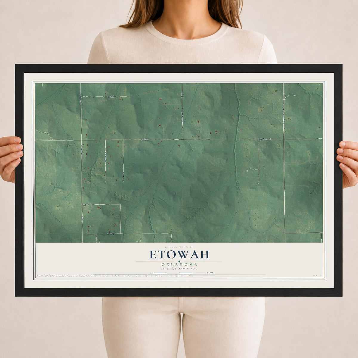 Map of Etowah, Oklahoma, 18 x 24 inch print in a black wood frame