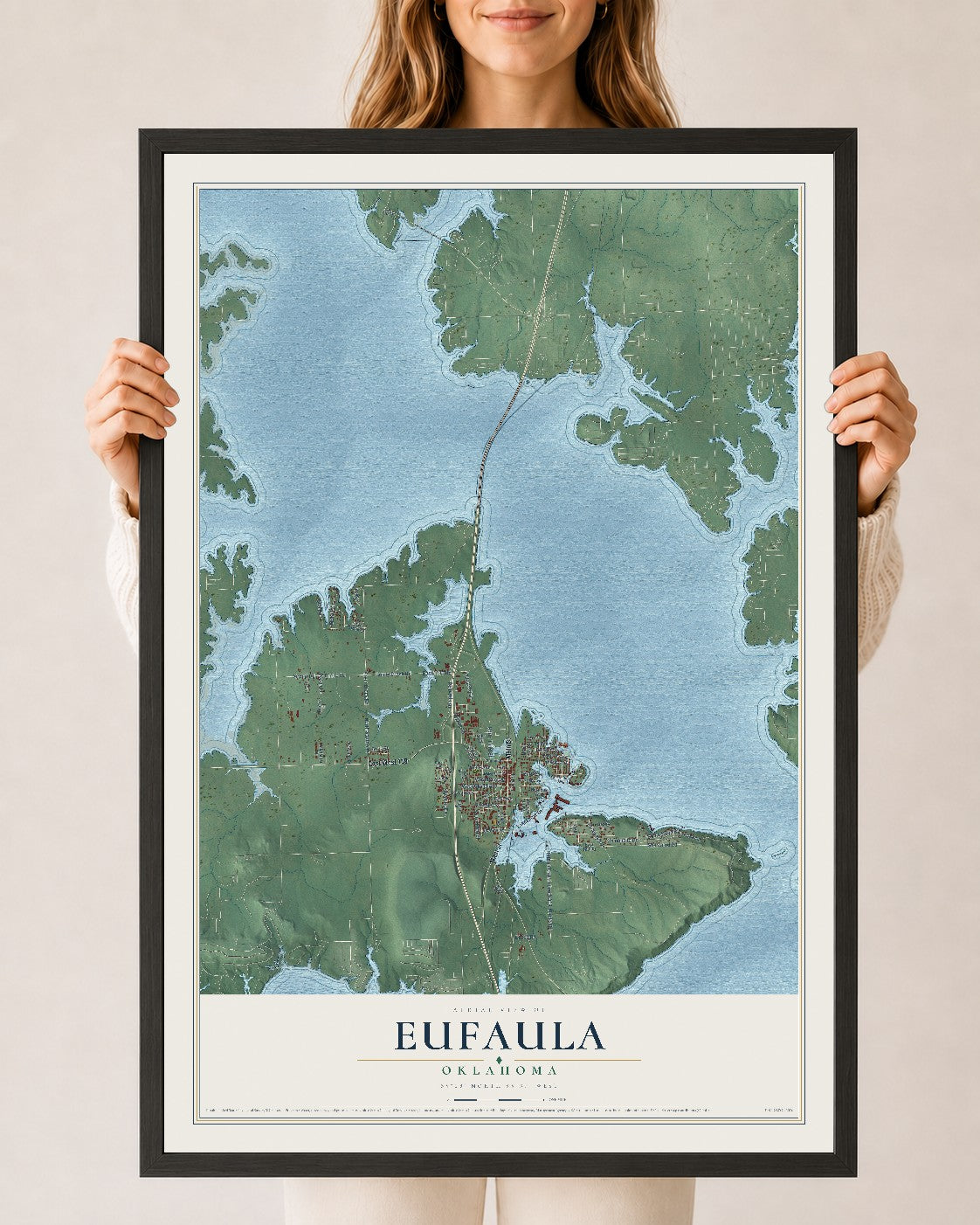 Map of Eufaula, Oklahoma, 24 x 36 inch print in a black wood frame