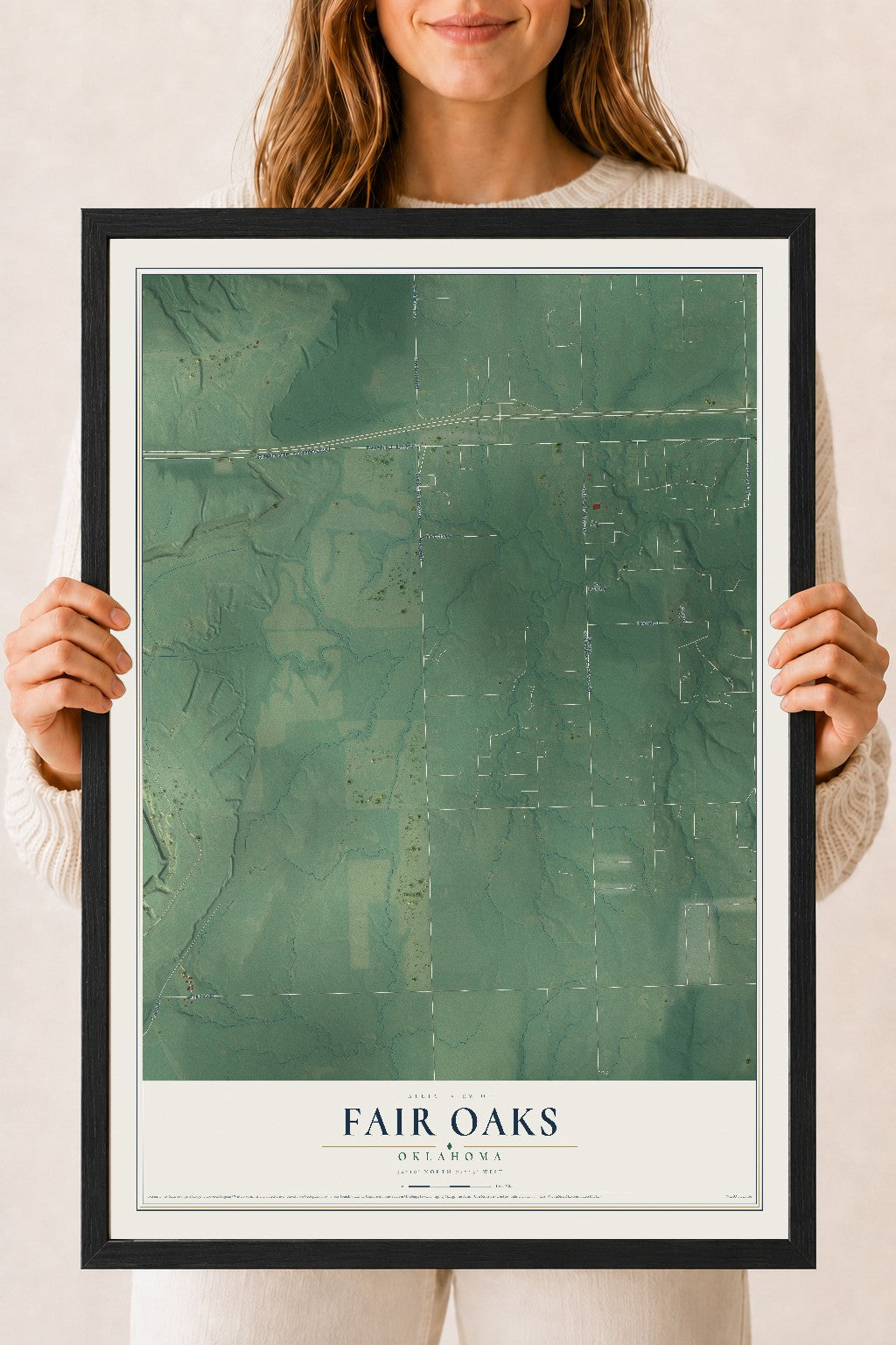 Map of Fair Oaks, Oklahoma, 18 x 24 inch print in a black wood frame