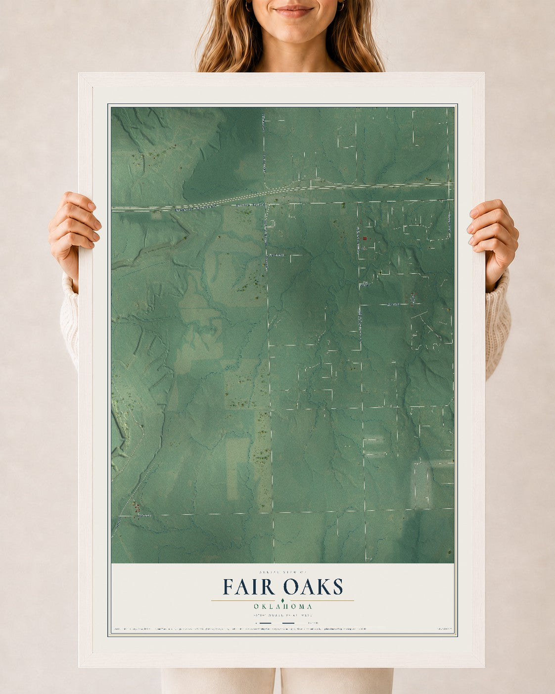 Map of Fair Oaks, Oklahoma, 24 x 36 inch print in a white wood frame