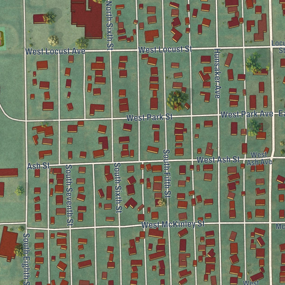 Close-up of the map of Fairfax, Oklahoma print showing street and building detail