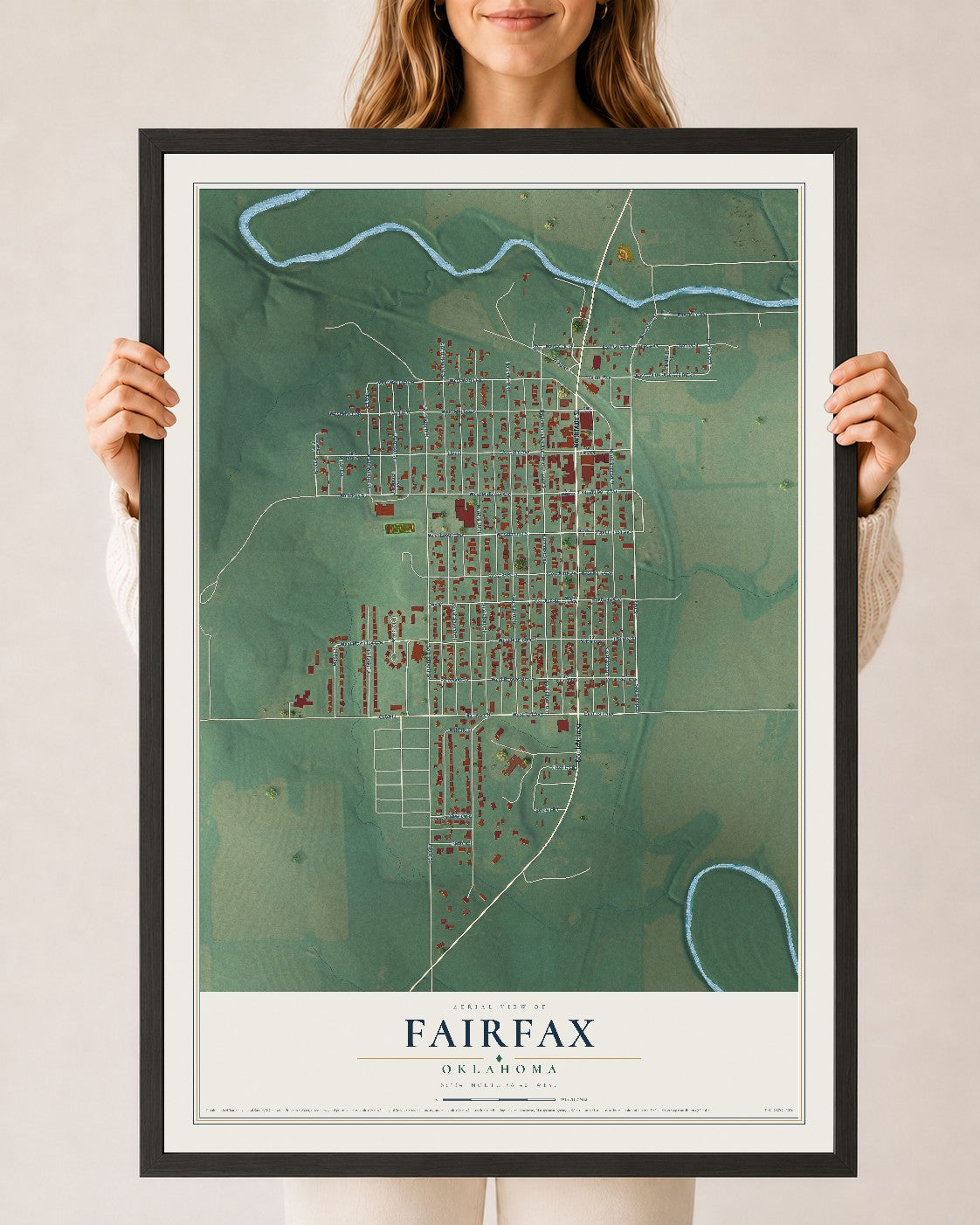 Map of Fairfax, Oklahoma, 24 x 36 inch print in a black wood frame
