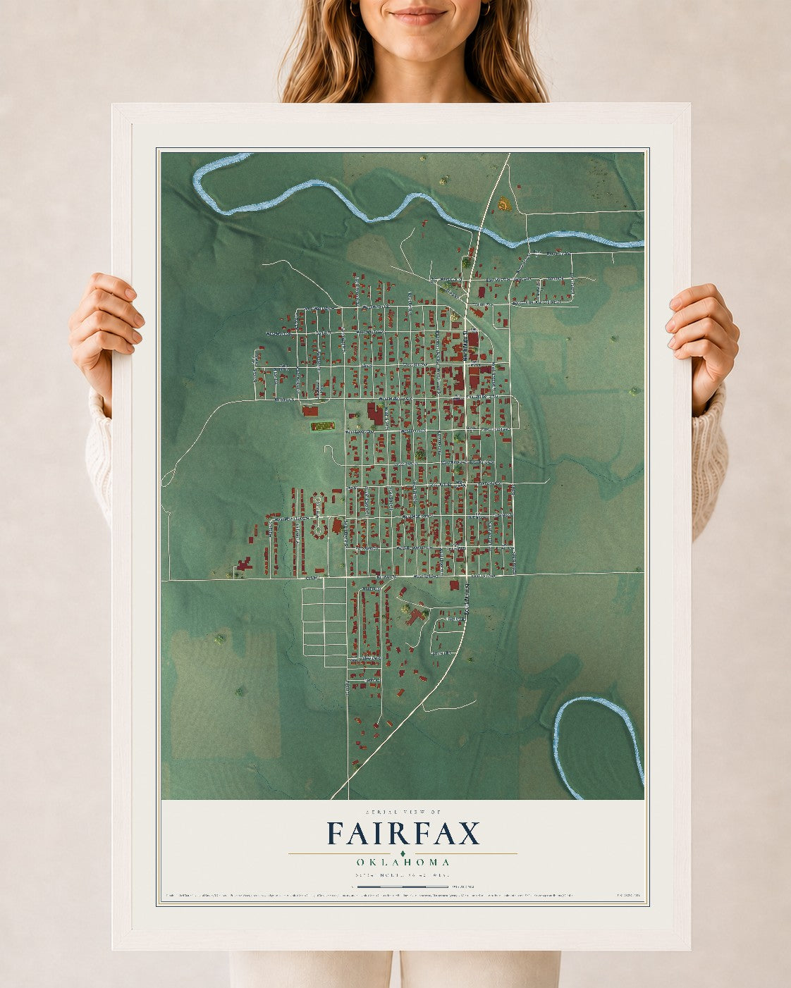 Map of Fairfax, Oklahoma, 24 x 36 inch print in a white wood frame