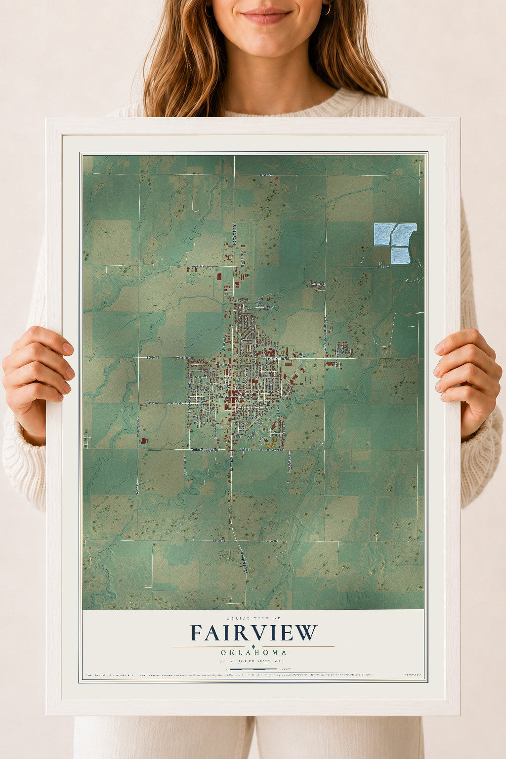 Map of Fairview, Oklahoma, 18 x 24 inch print in a white wood frame