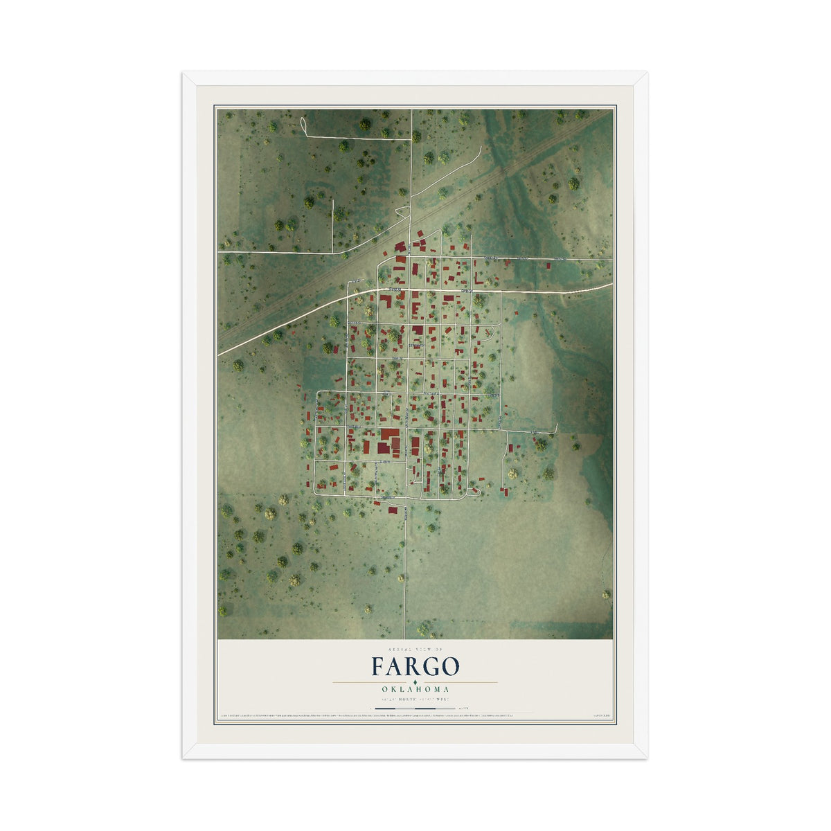 Map of Fargo, Oklahoma, 12 x 18 inch print in a white wood frame