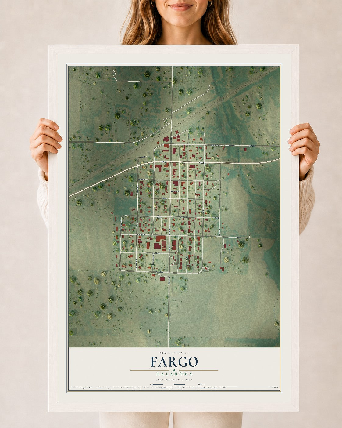 Map of Fargo, Oklahoma, 24 x 36 inch print in a white wood frame