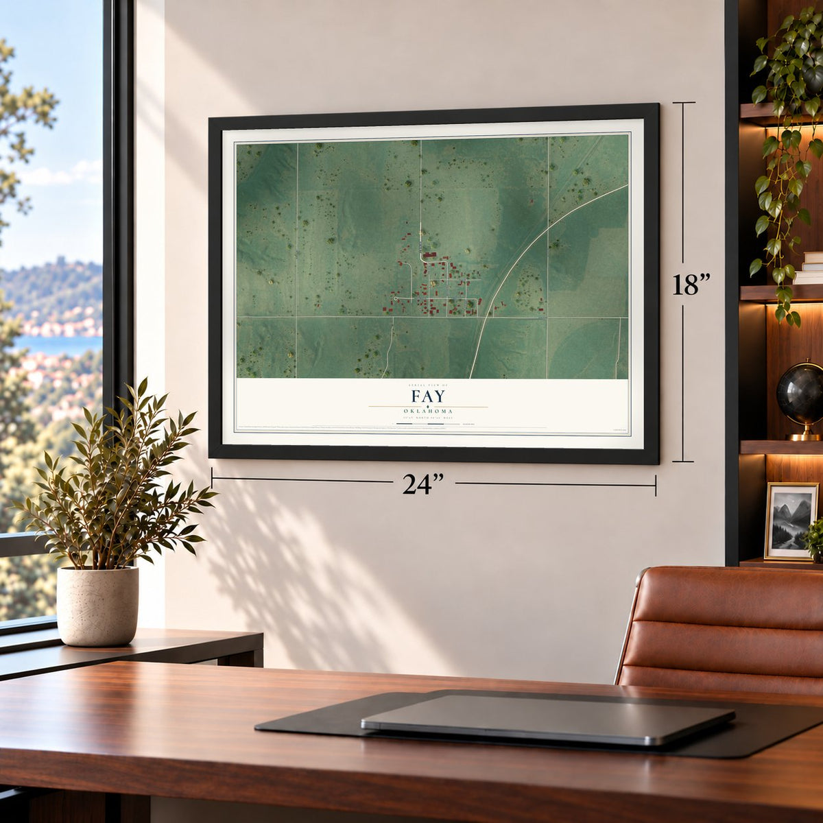 Fay, Oklahoma map, 18 x 24 inch print in a black frame in a home office