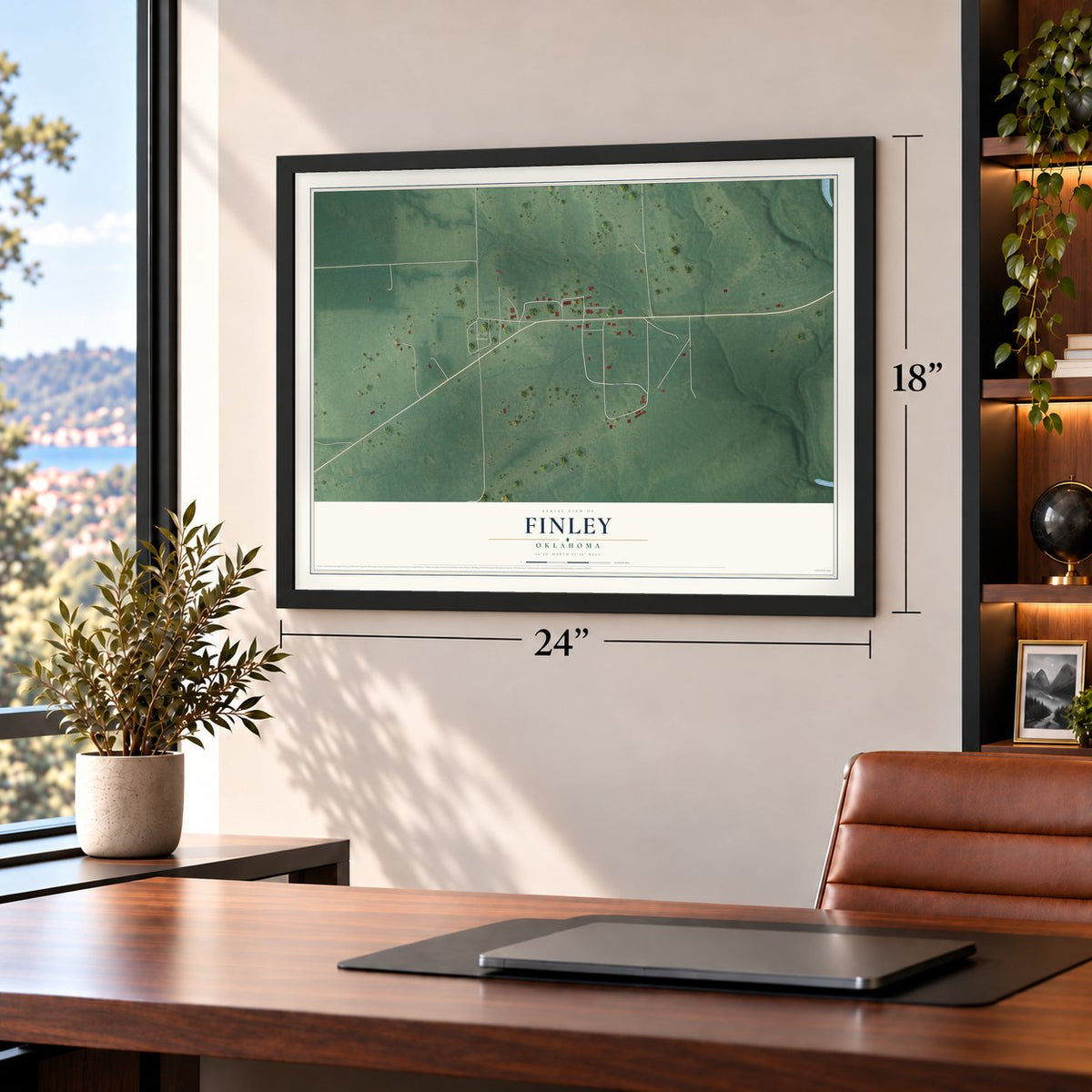 Finley, Oklahoma map, 18 x 24 inch print in a black frame in a home office