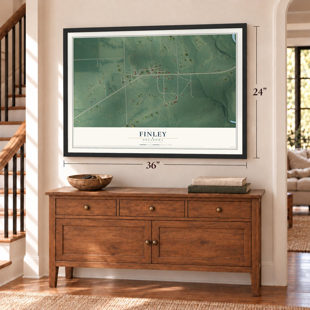 Finley, Oklahoma map, 24 x 36 inch print in a black frame above a dresser by a staircase