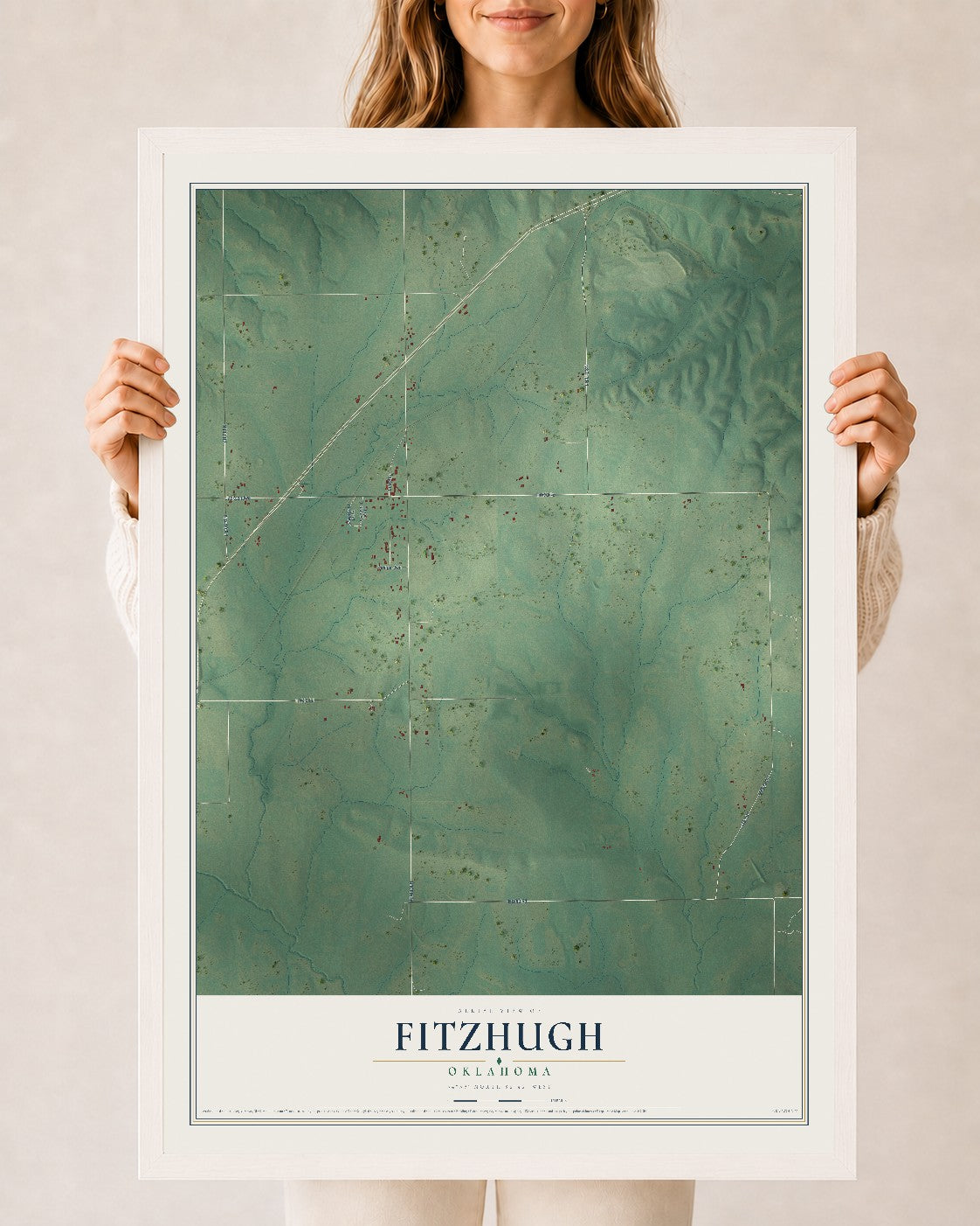 Map of Fitzhugh, Oklahoma, 24 x 36 inch print in a white wood frame