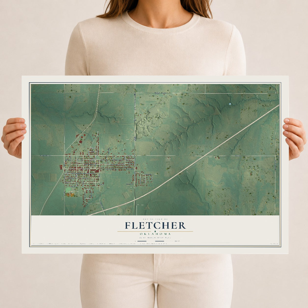Map of Fletcher, Oklahoma, 12 x 18 inch unframed archival matte print