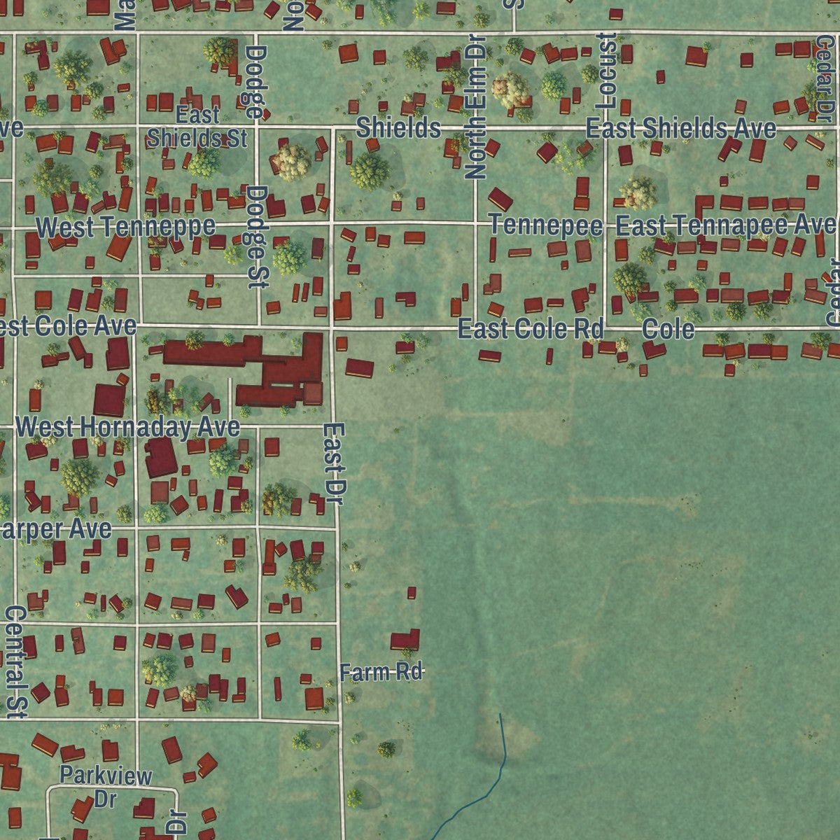 Close-up of the map of Fletcher, Oklahoma print showing street and building detail