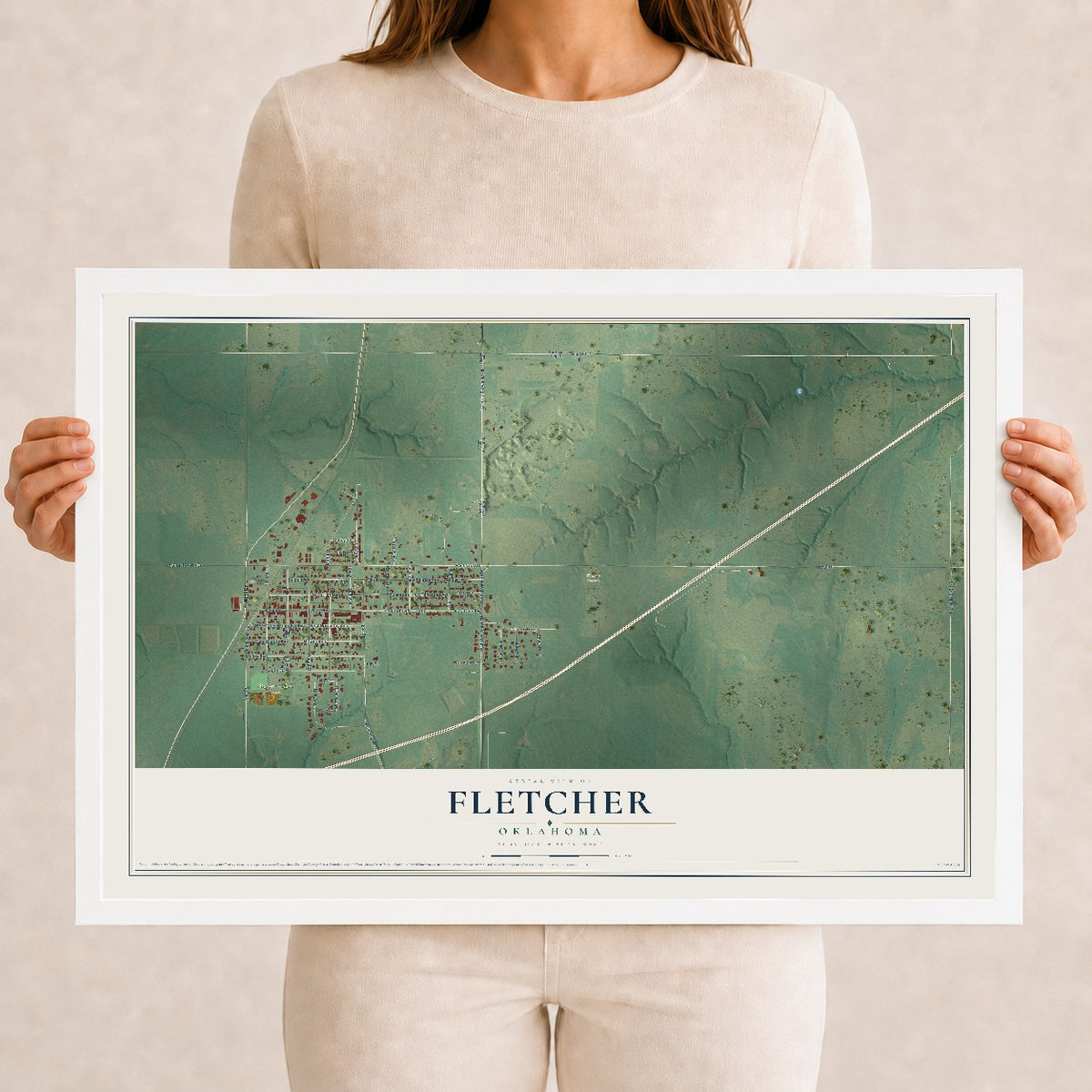Map of Fletcher, Oklahoma, 12 x 18 inch print in a white wood frame