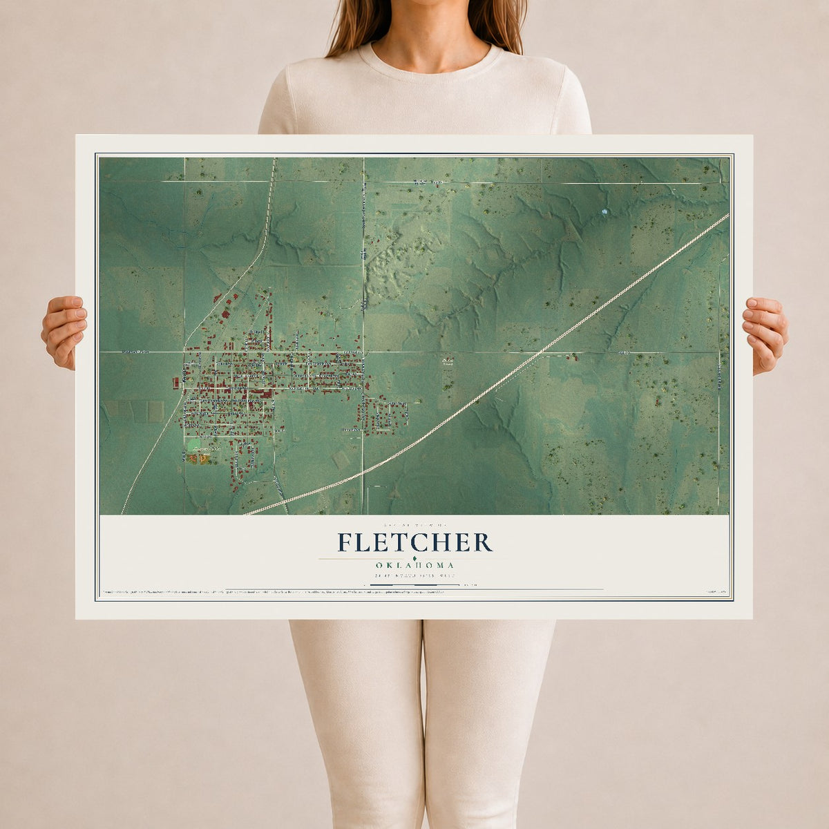 Map of Fletcher, Oklahoma, 24 x 36 inch unframed archival matte print