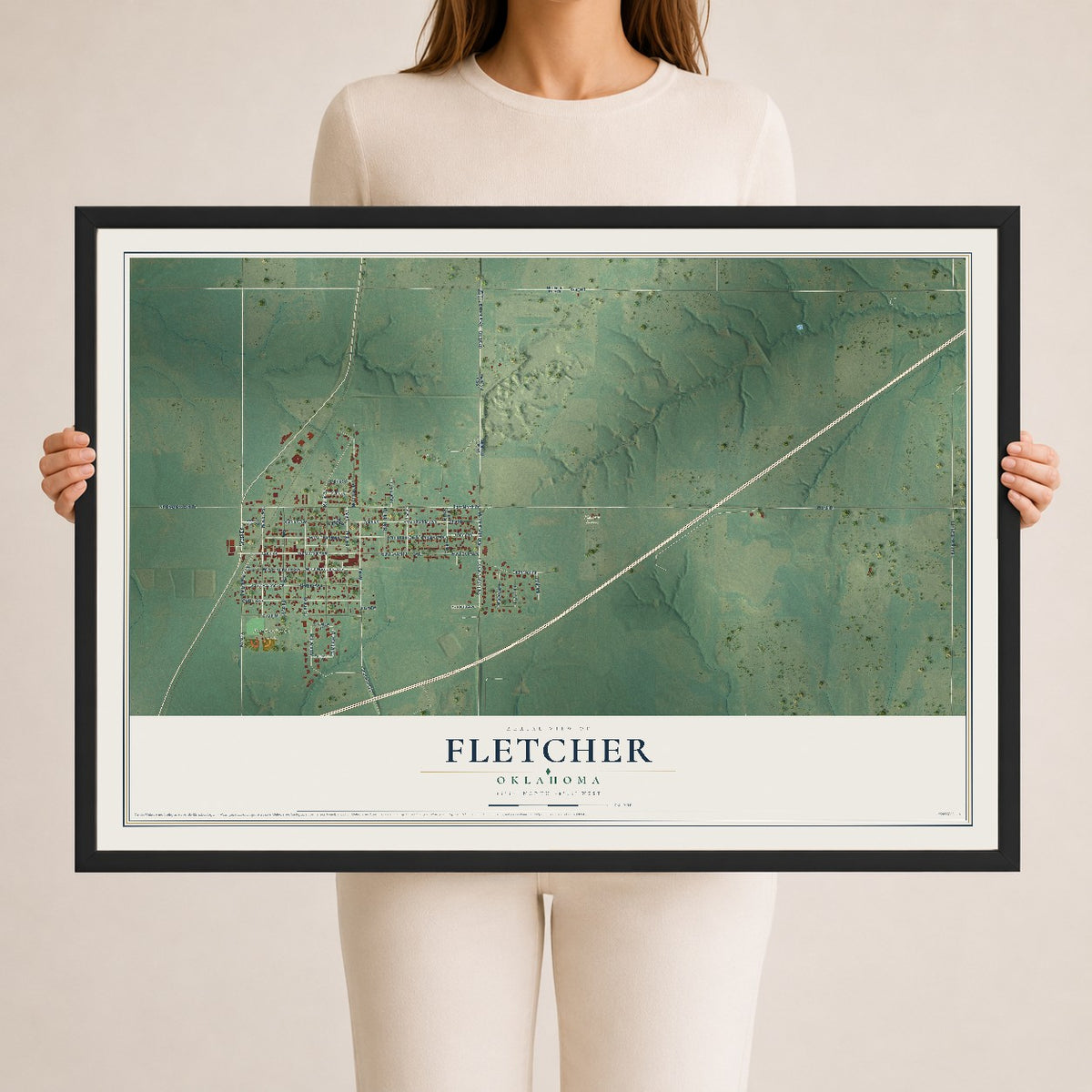 Map of Fletcher, Oklahoma, 24 x 36 inch print in a black wood frame