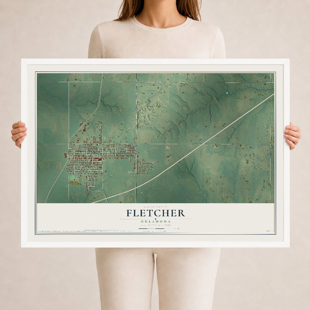 Map of Fletcher, Oklahoma, 24 x 36 inch print in a white wood frame