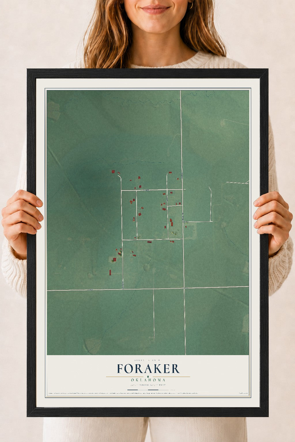 Map of Foraker, Oklahoma, 18 x 24 inch print in a black wood frame