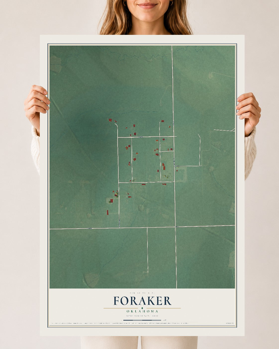 Map of Foraker, Oklahoma, 24 x 36 inch unframed archival matte print