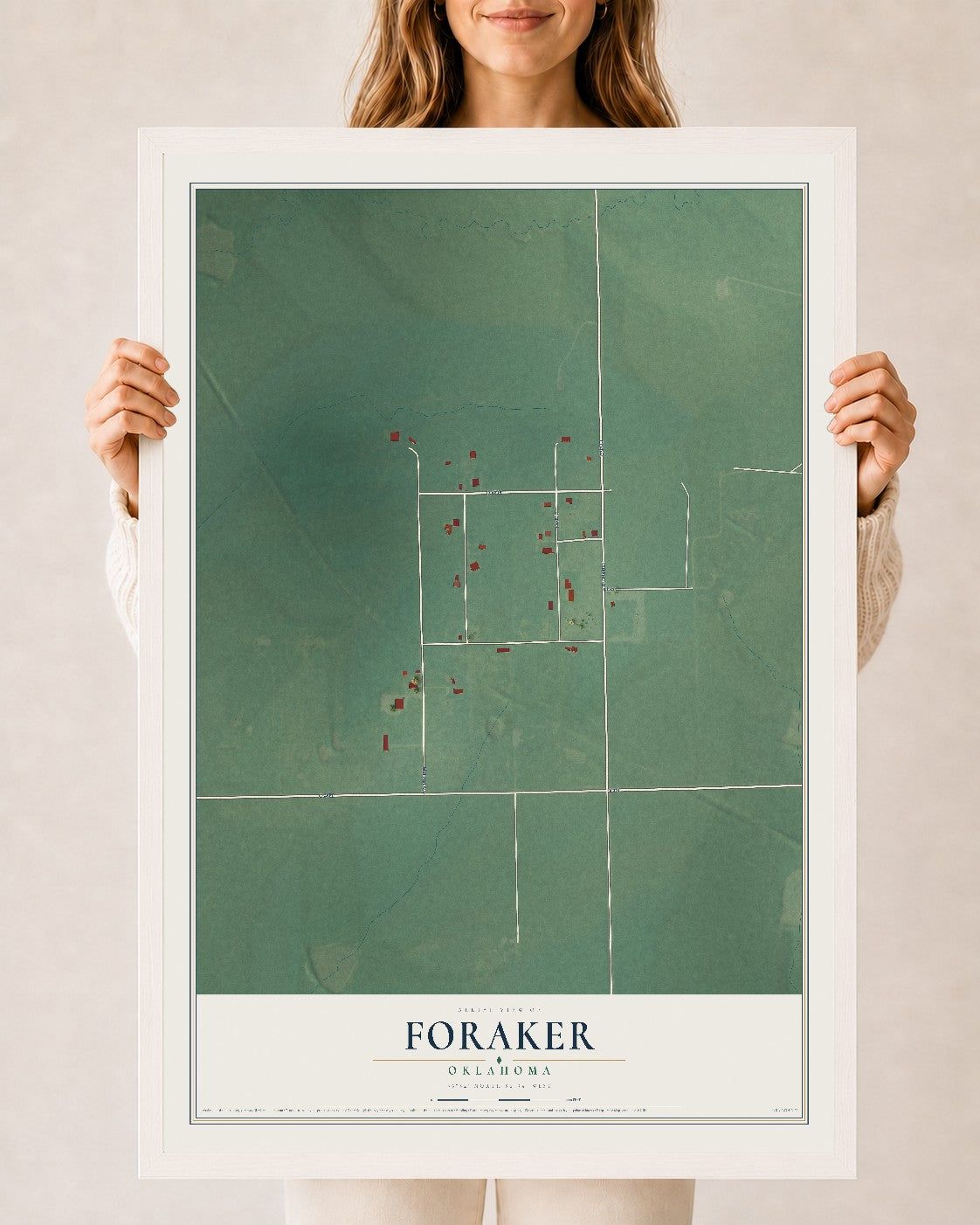 Map of Foraker, Oklahoma, 24 x 36 inch print in a white wood frame
